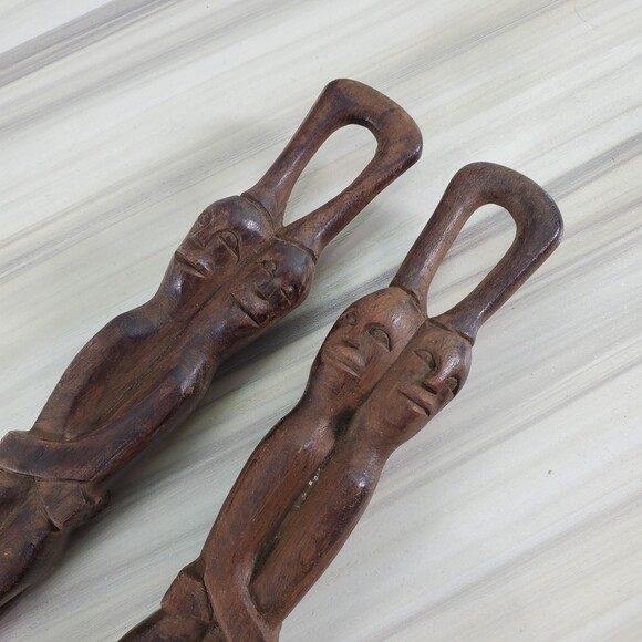 Hand Carved Wood Spoon Fork Set Salad Serving Utensils Grigg African Egyptian - Picture 5 of 8